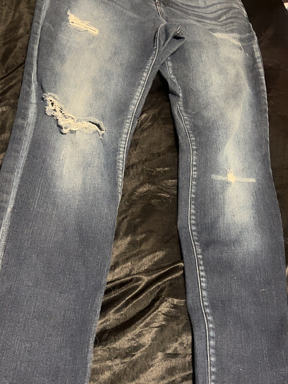 Distressed Mid Wash Skinny Jeans - Blue